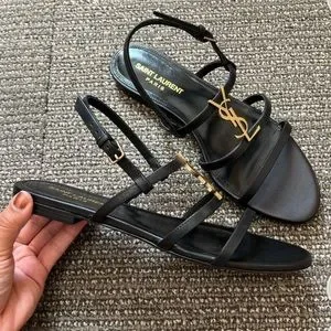 Saint Laurent Cassandra Flat Sandals in Suede with Silver-tone Monogram Black Saint Laurent Cassandra Flat Sandals in Suede with Silver  main image 3